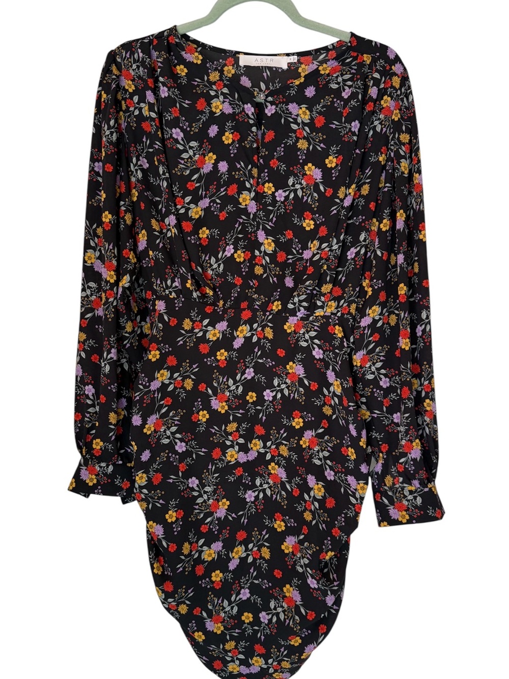 Astr Black Long Sleeve Floral Mini Dress with Red, Yellow & Purple